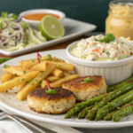 Delicious crab cakes served with complementary sides and sauces.