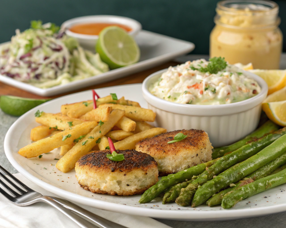 Delicious crab cakes served with complementary sides and sauces.